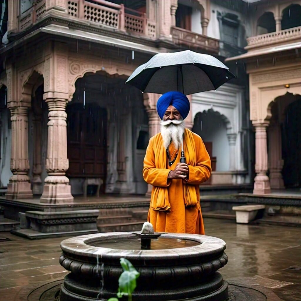 In the old temple Sikh priest is standing there in rain.